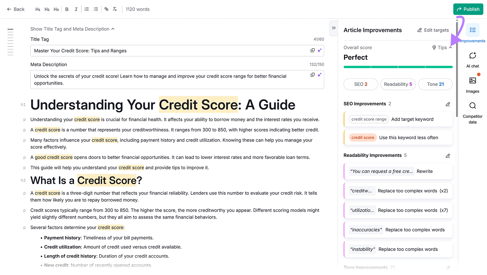 Article editor with highlighted text and arrow pointing to &ldquo;Tips&rdquo; in the Article Improvements panel.