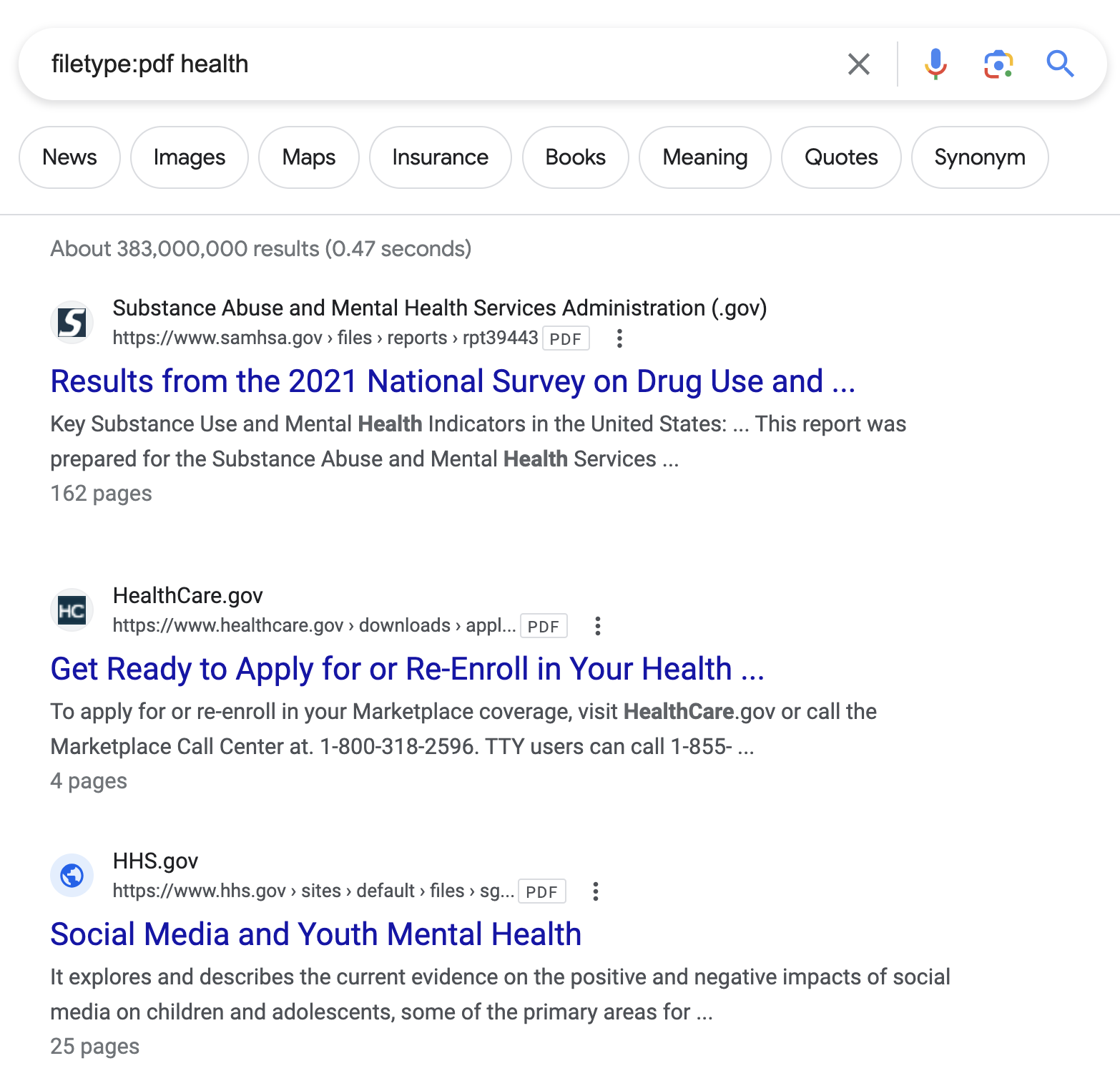 Google search results for &ldquo;filetype:pdf health"