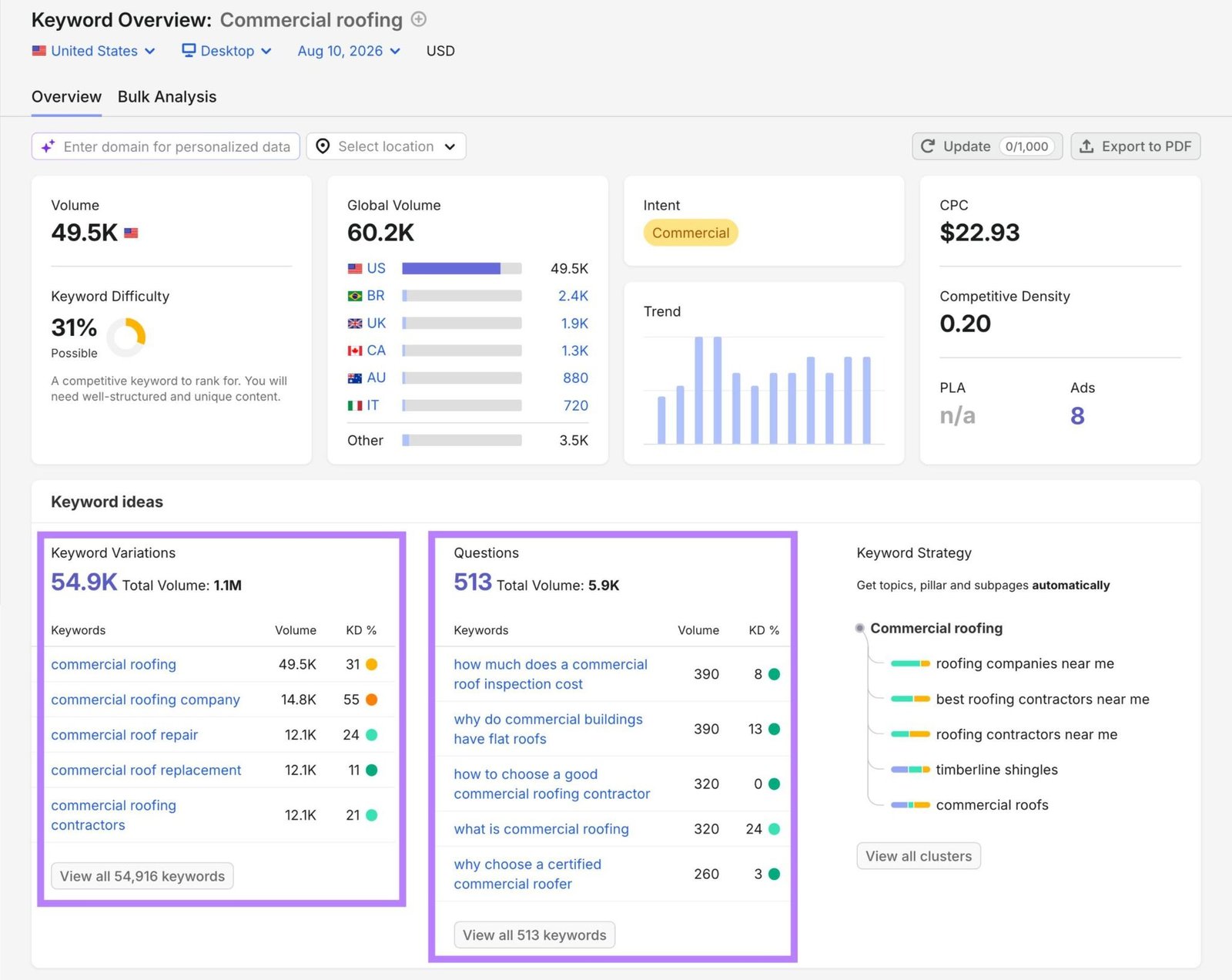 Keyword Overview report with the keyword variations and related questions highlighted.