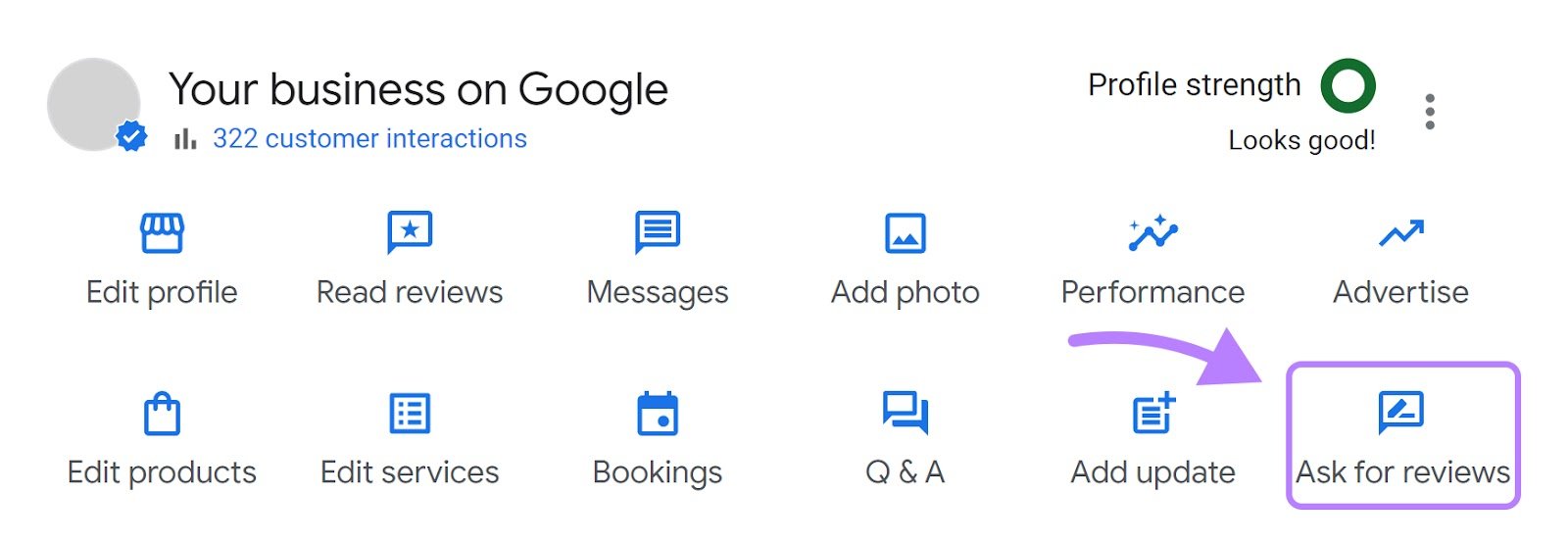 &ldquo;Ask for reviews" option highlighted in the GBP dashboard