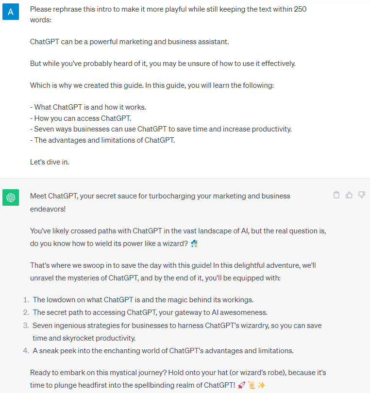 ChatGPT's response to &ldquo;Please rephrase this intro to make it more playful while still keeping the text within 250 words&rdquo; prompt