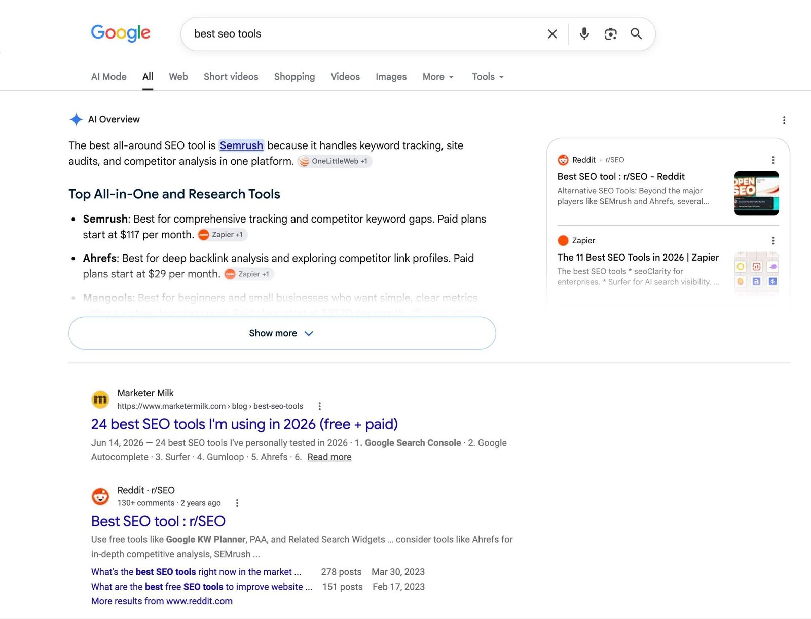 Google SERP for the term “best SEO tools” with an AI Overview followed by organic results.