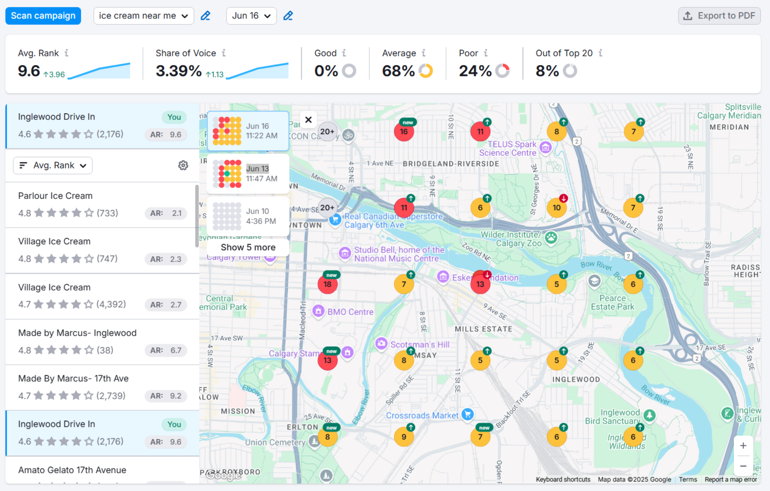 Local map rank tracker showing &ldquo;ice cream near me,&rdquo; average rank, and map area with red and yellow pins showing changes in ranking