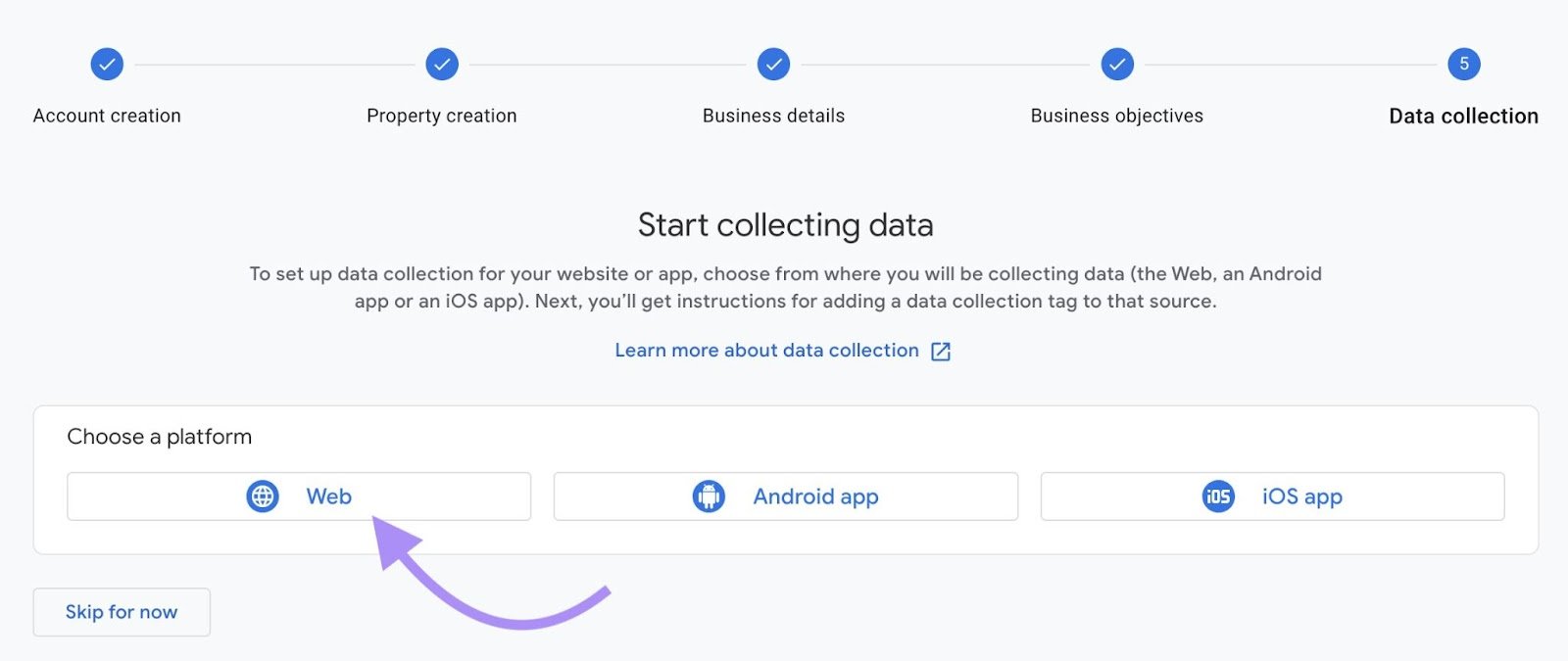 "Web" option selected under "Choose a platform" section