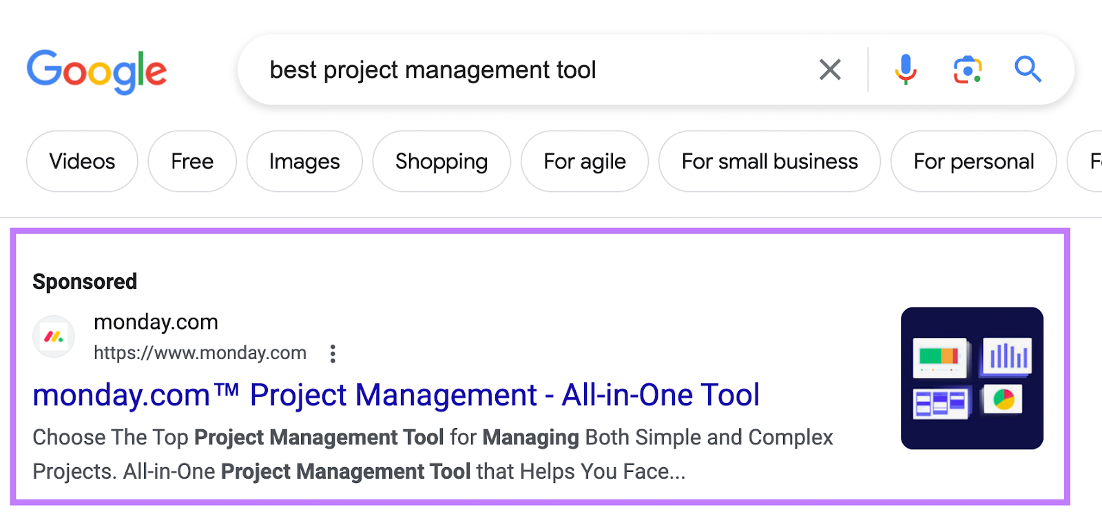 Monday.com's Google search ad for &ldquo;best project management software" query