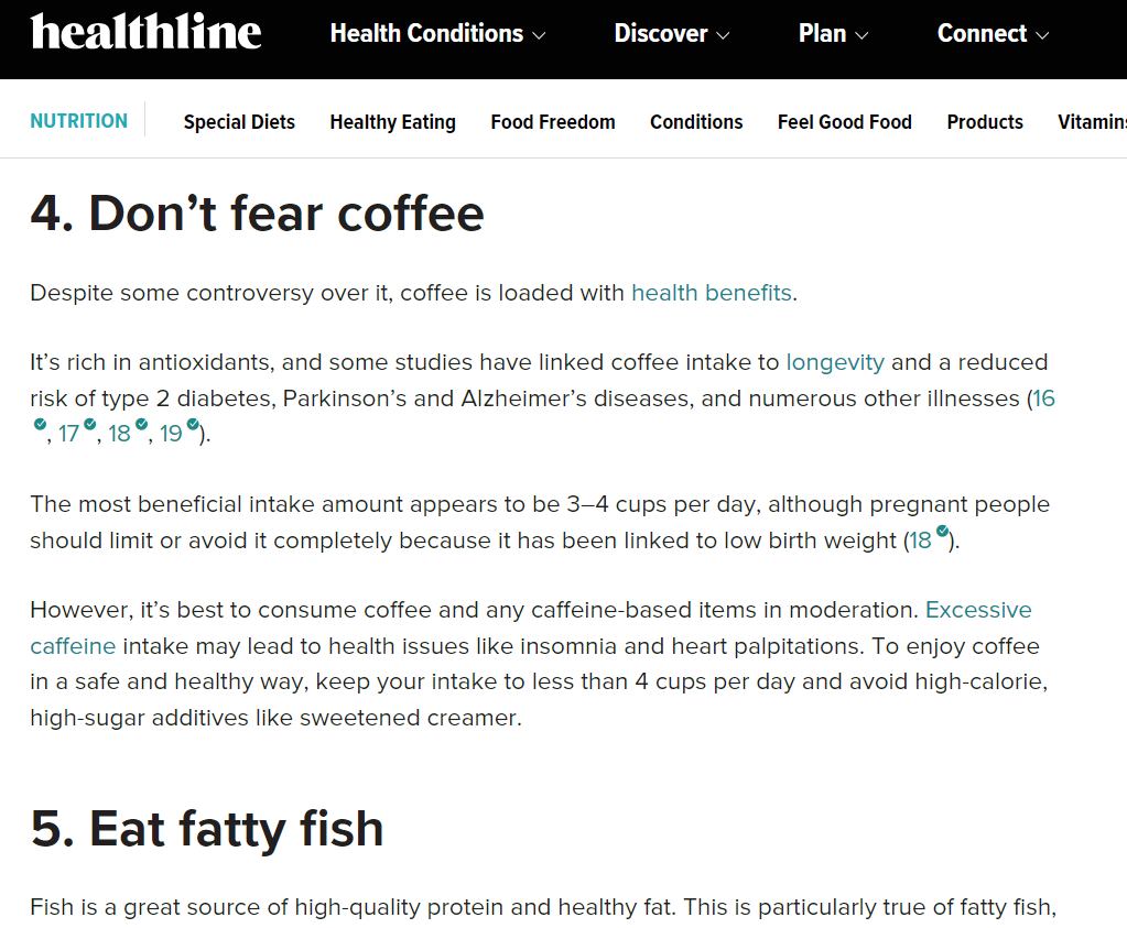 Healthline's listicle tips on "Don't fear coffee&rdquo; and "Eat fatty fish"