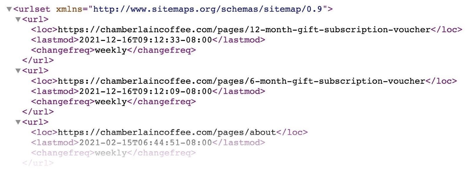 Example of an XML sitemap which includes list of indexed URLs, a &ldquo;lastmod&rdquo; attribute, a "hreflang" attribute, etc.