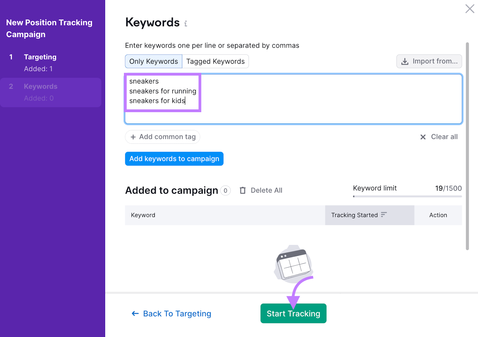 &ldquo;Keywords&rdquo; section in Position Tracking tool settings