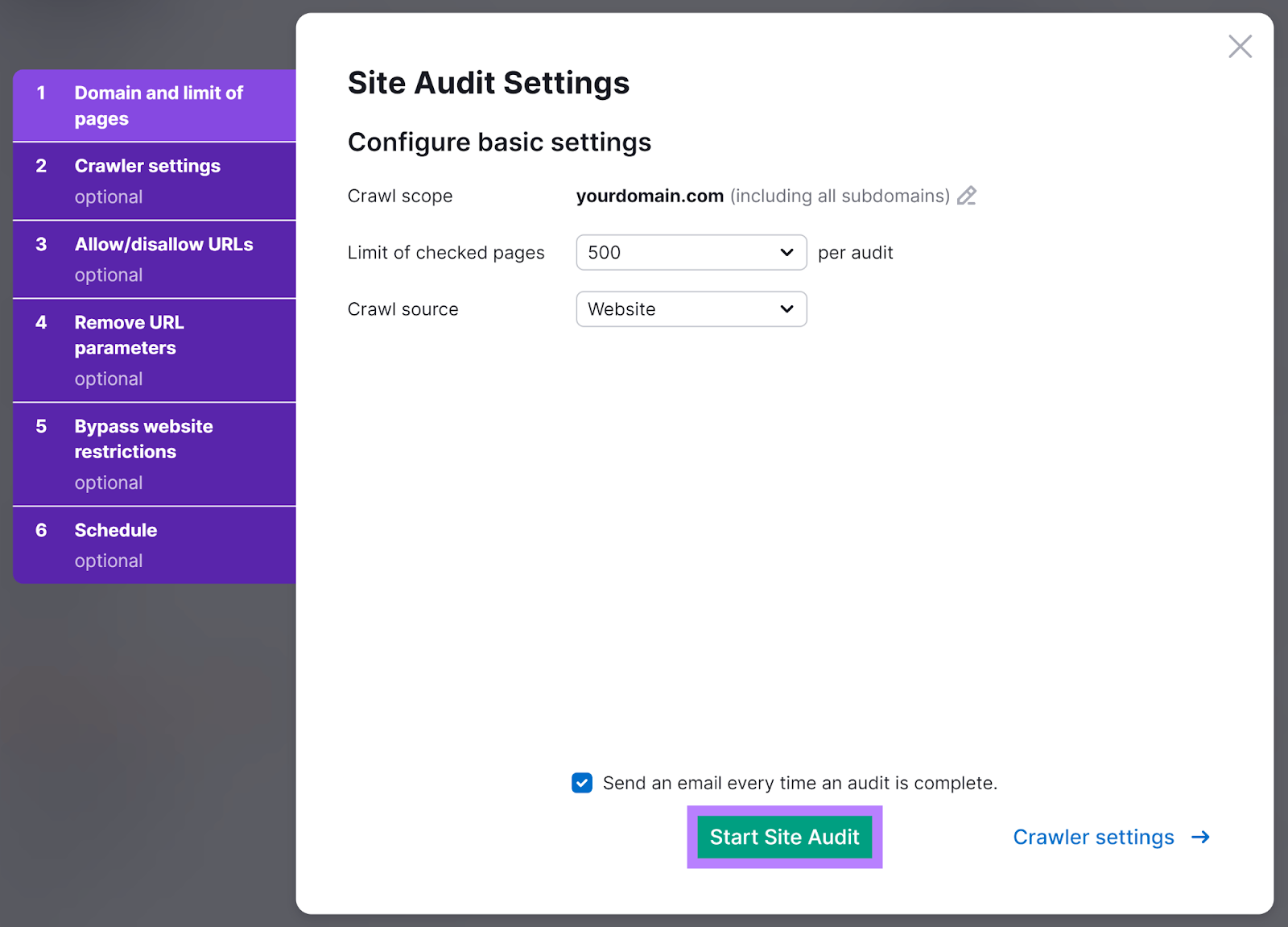 Site Audit settings window, with the &ldquo;Start Site Audit&rdquo; button highlighted