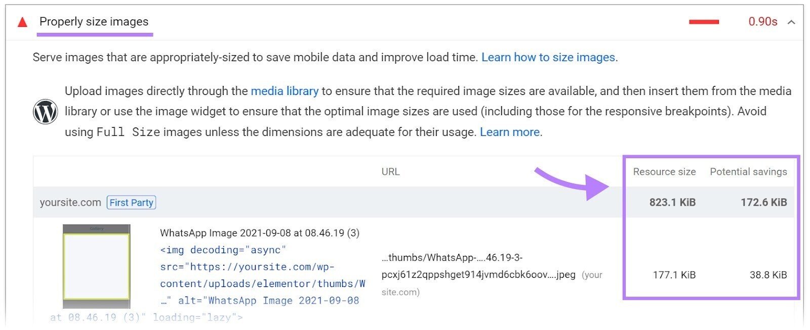 "Properly size images" page on PSI Diagnostics with the "Resource size" and "Potential savings" columns highlighted.