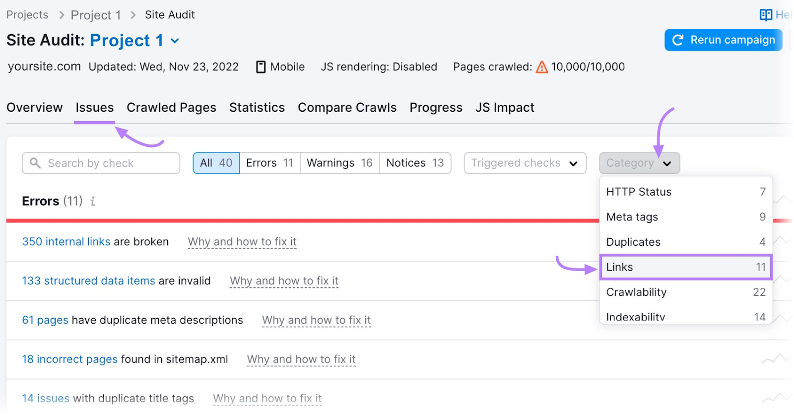&ldquo;Issues&rdquo; tab in the Site Audit tool