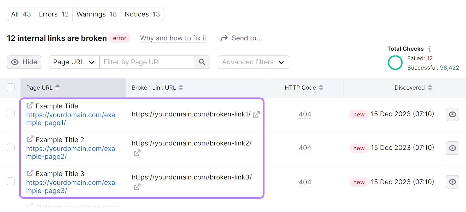 A list of 12 internal broken links