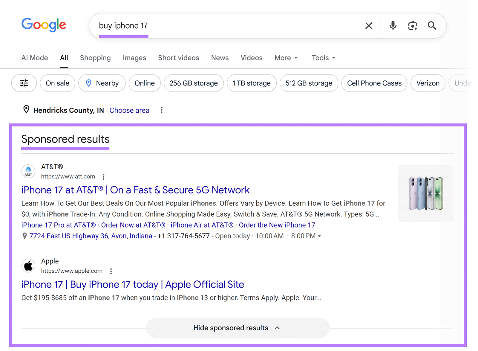 Google search results for &ldquo;buy iphone 17&rdquo; showing sponsored ads from AT&T and Apple