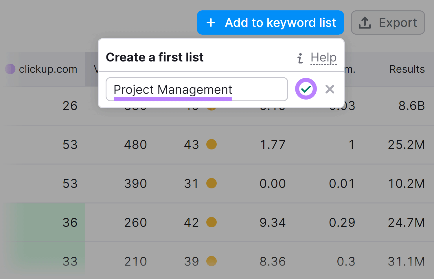 &ldquo;Project Management" entered under keyword list name