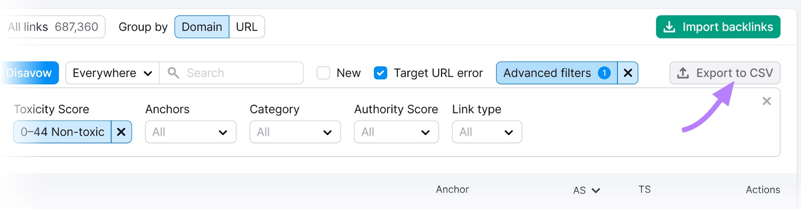 &ldquo;Export to CSV&rdquo; button highlighted