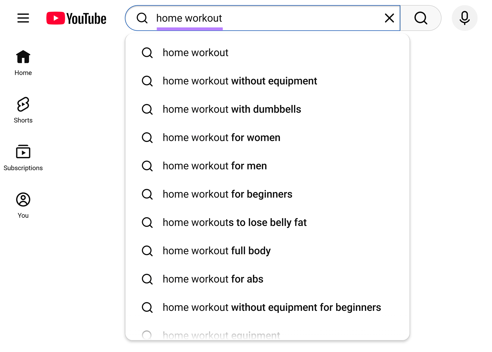 YouTube search autocomplete suggestions for the query &ldquo;home workout&rdquo;