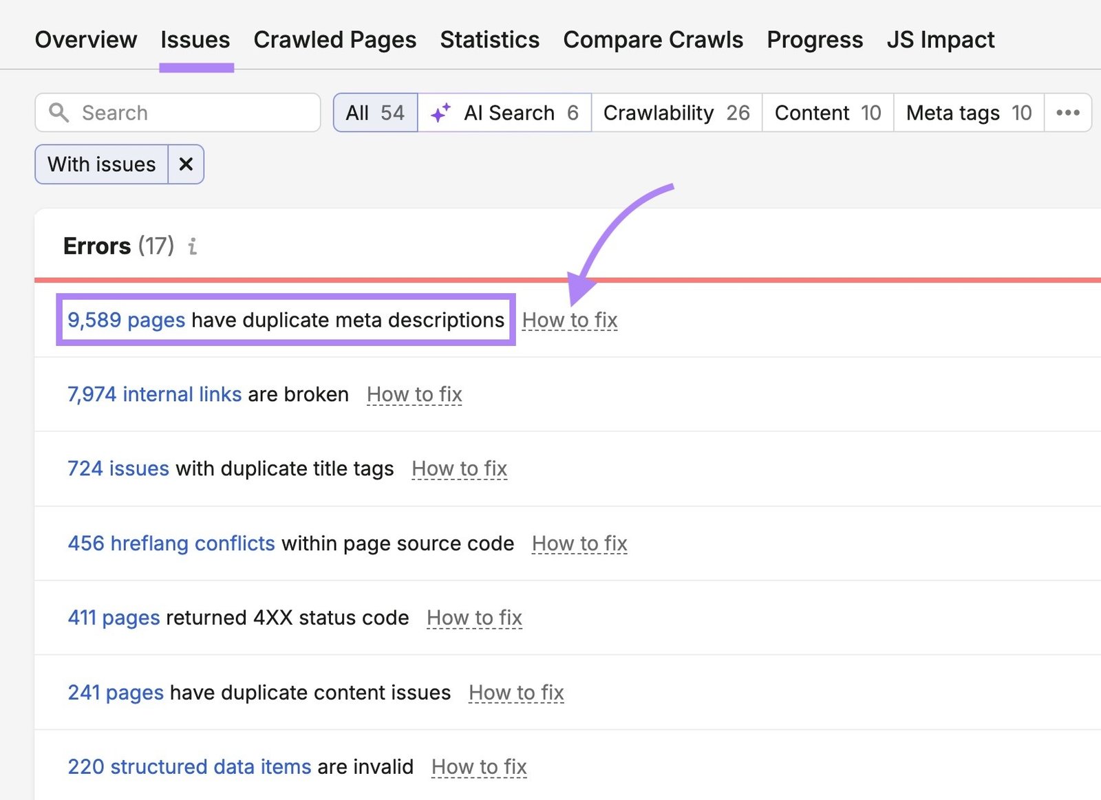 The "Issues" tab on Site Audit with an error along with "How to fix" next to it highlighted.