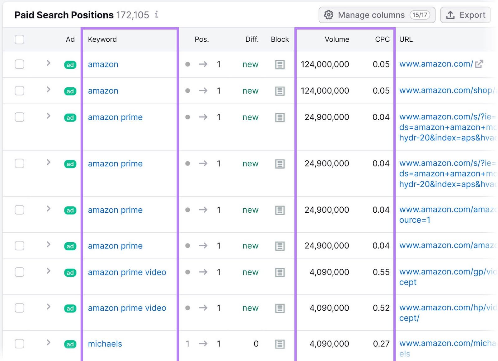 &ldquo;Paid Search Positions&rdquo; table with keywords, volume, and CPC columns highlighted