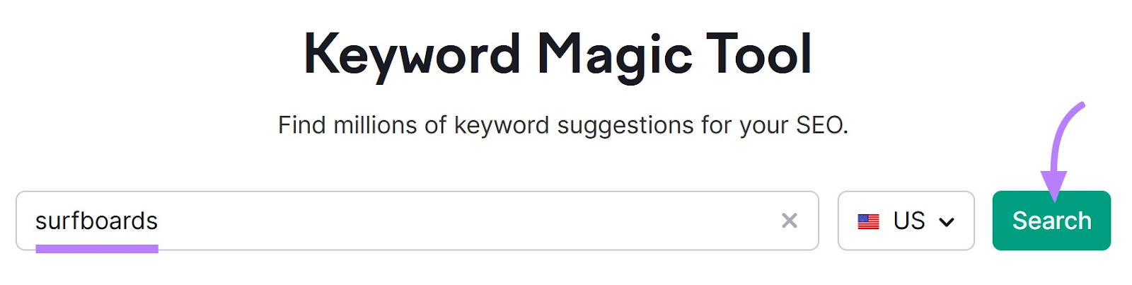 "surfboards" in Semrush&rsquo;s Keyword Magic Tool search bar