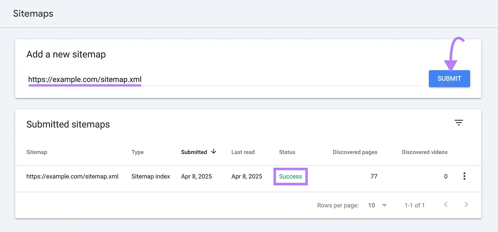 Sitemaps on Google Search Console with an option to add a new sitemap on top and a list of submitted sitemaps below.