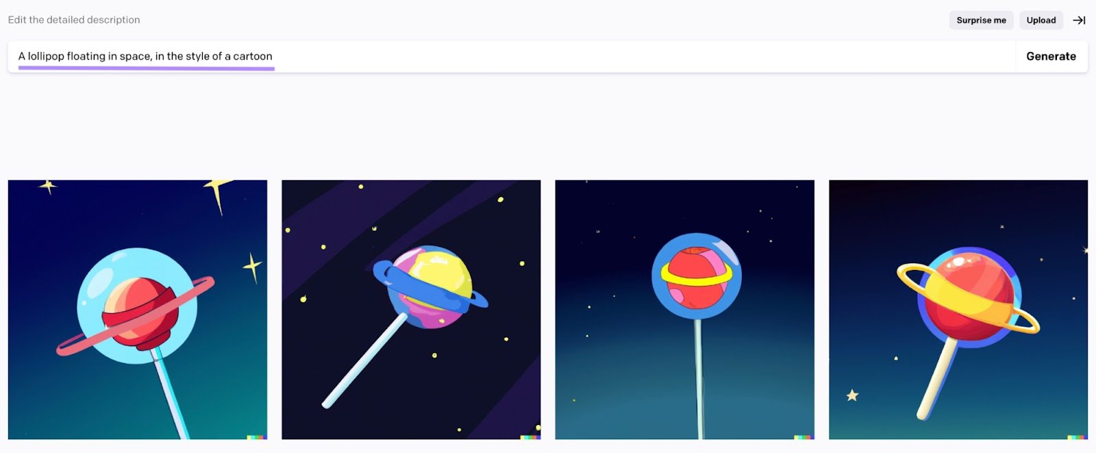 DALL-E 2 created images for &ldquo;A lollipop floating in space, in the style of a cartoon"