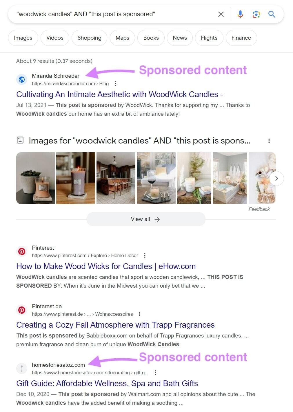 Google SERP for &ldquo;woodwick candles&rdquo; AND &ldquo;this post is sponsored&rdquo;