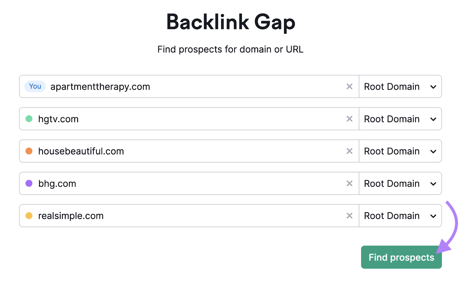 Enter yours and competitors&rsquo; domains to Backlink Gap tool