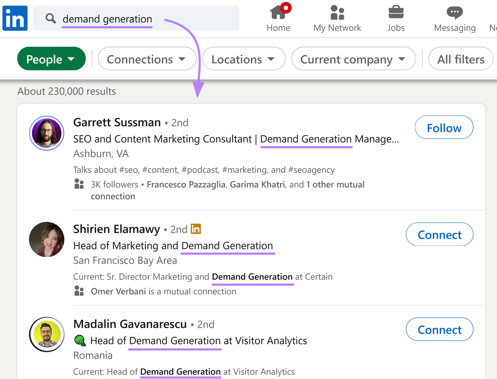 LinkedIn search results for &ldquo;demand generation&rdquo; shows profiles that contain target keyword