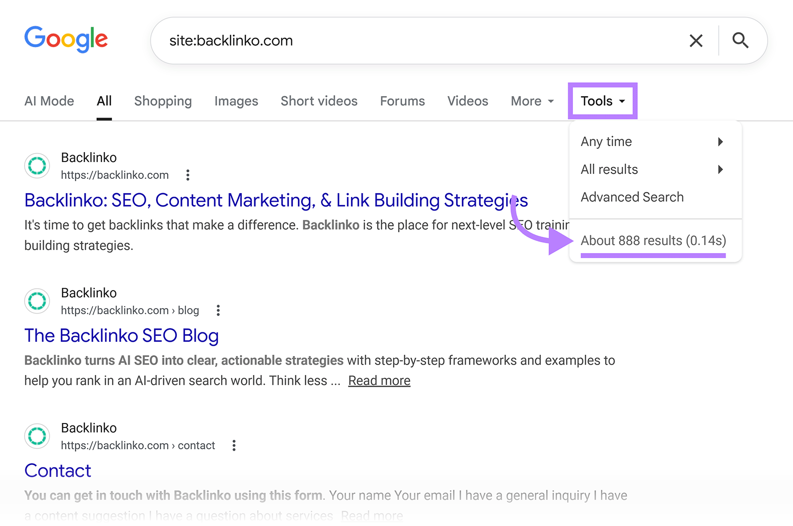 Google search results for site:backlinko.com with indexed page count highlighted in Tools menu