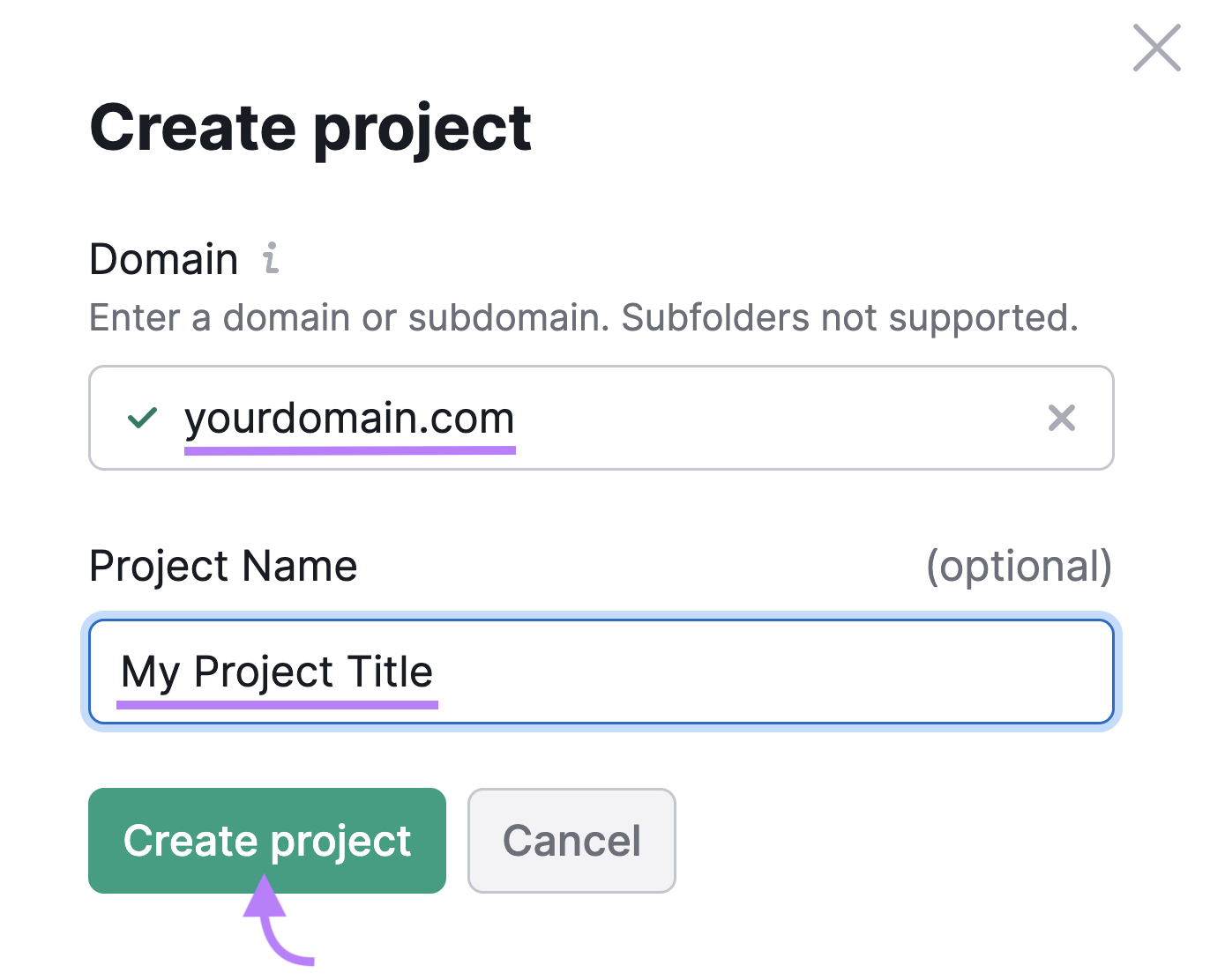 &ldquo;Create project&rdquo; window in Link Building Tool
