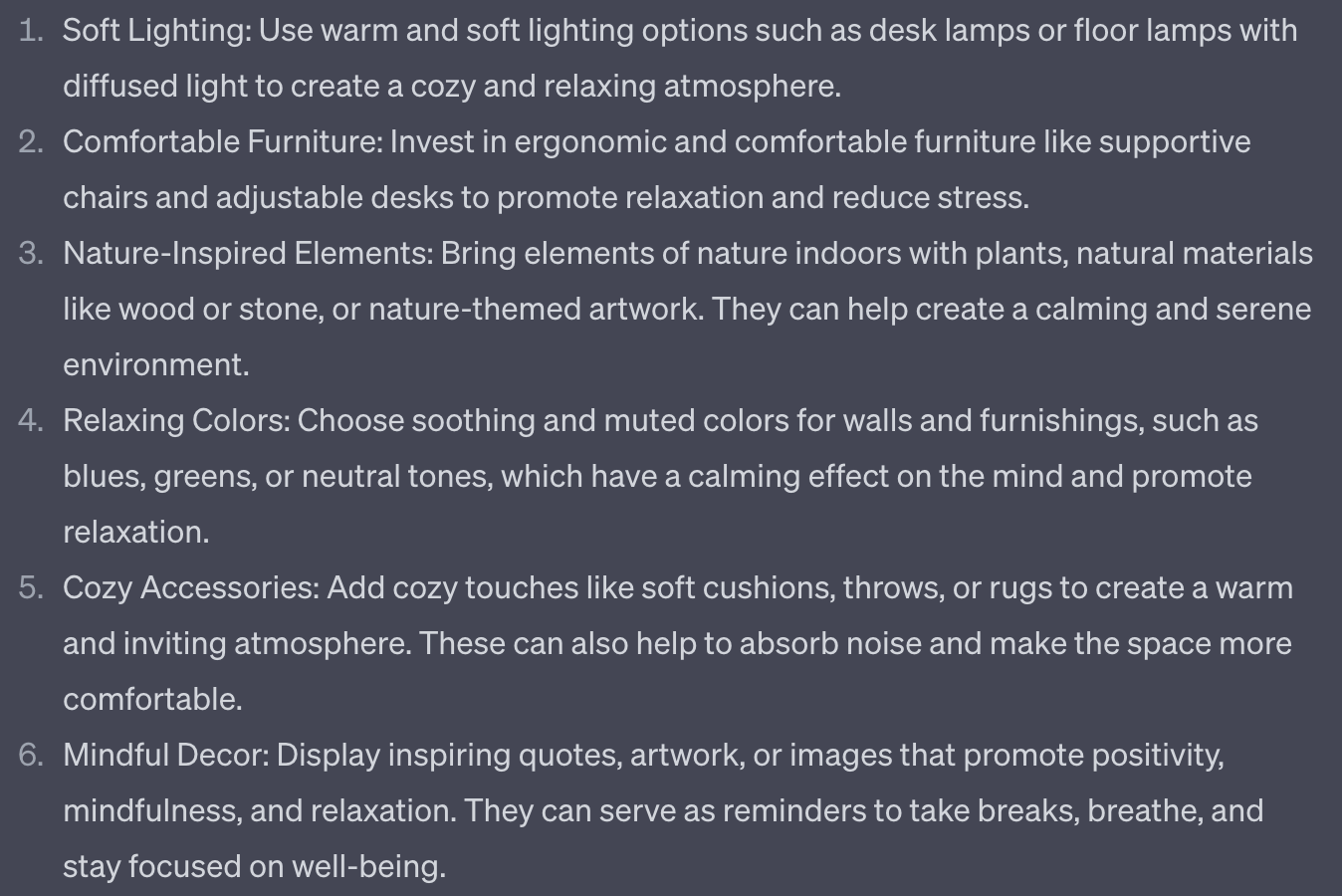 ChatGPT's response to &ldquo;Give me decorating tips for making an office more relaxed&rdquo; prompt