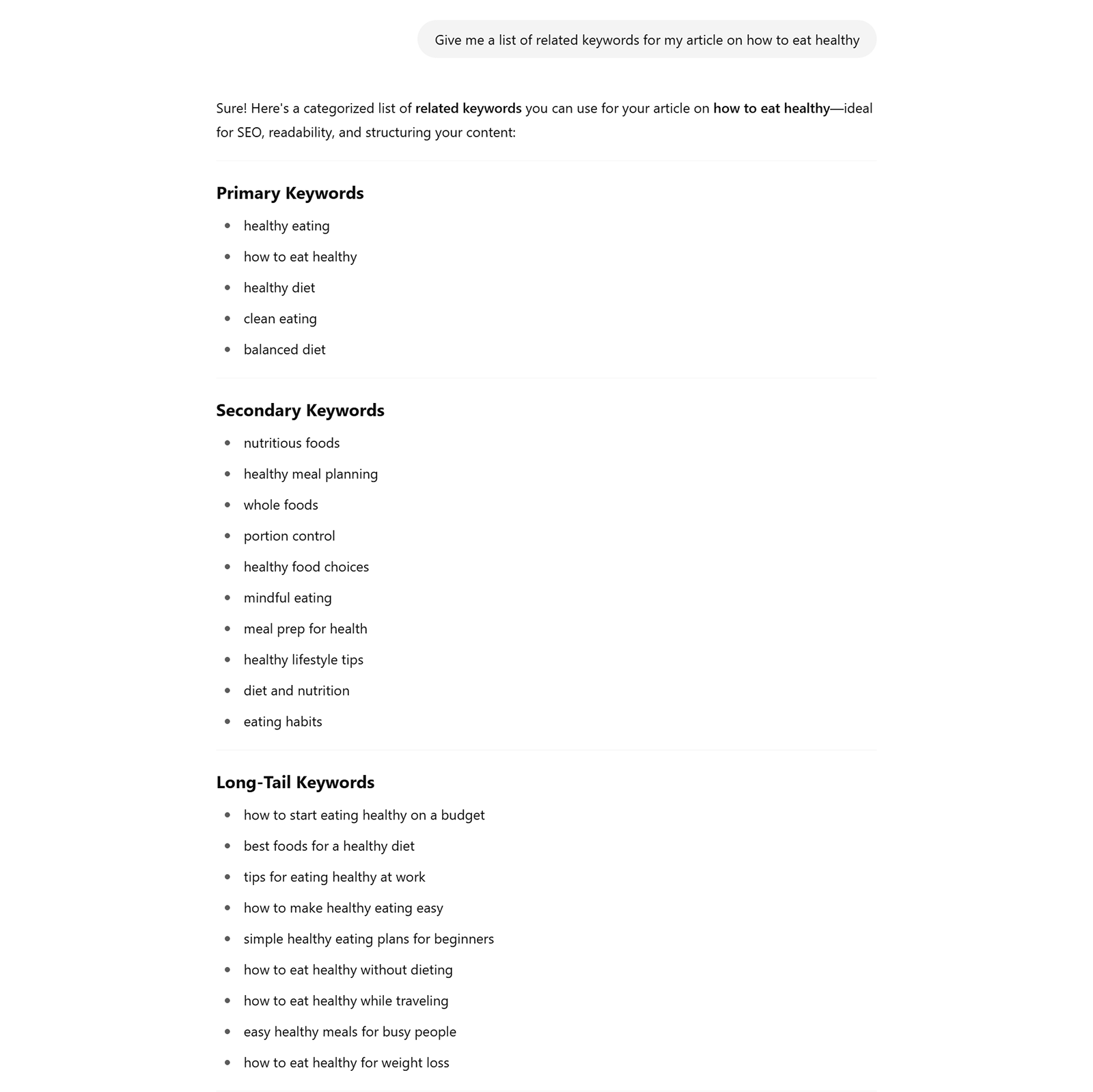 ChatGPT response listing primary, secondary, and long-tail related keywords for &ldquo;how to eat healthy&rdquo;