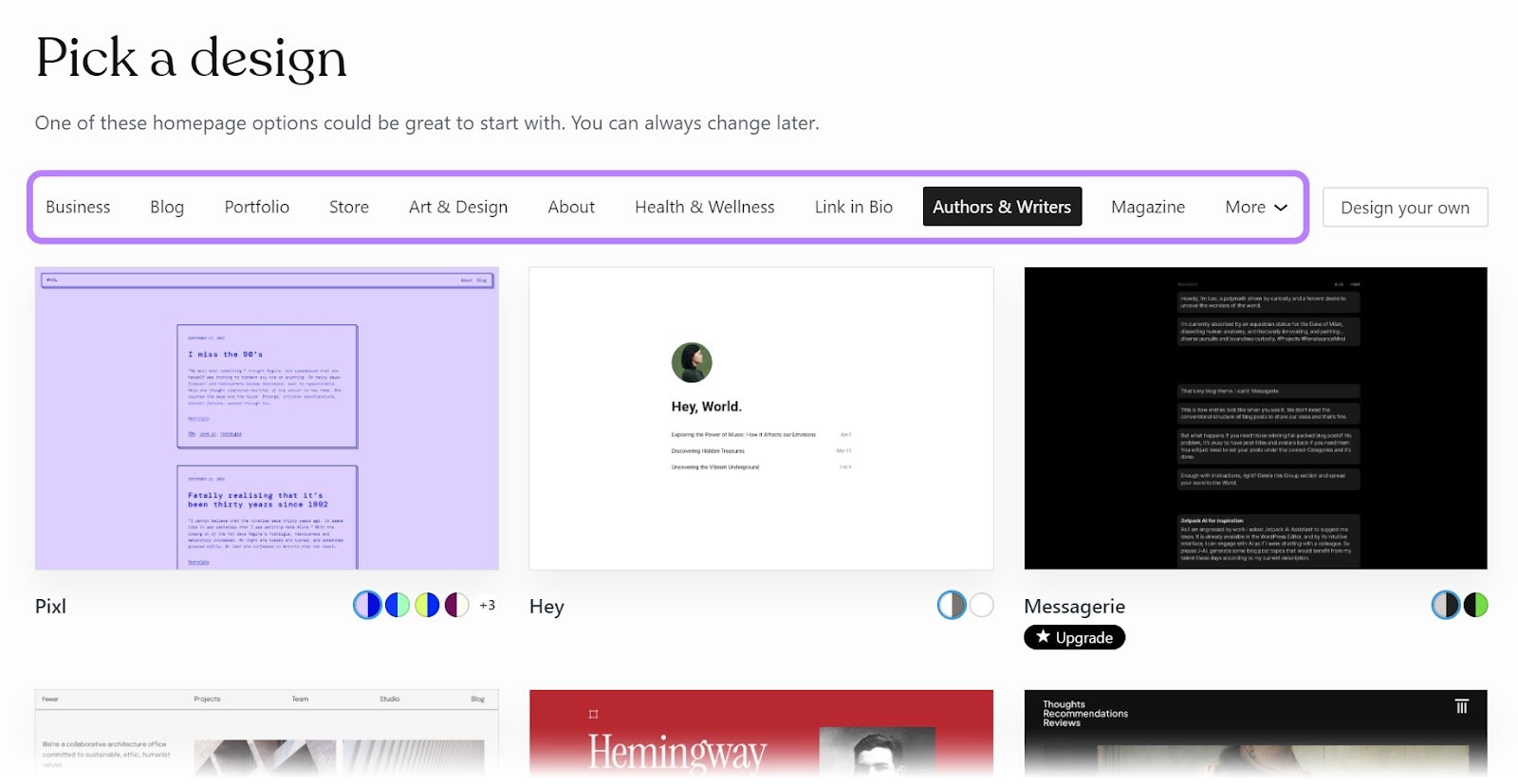 design options in WordPress include business, blog, portfolio, store, and others