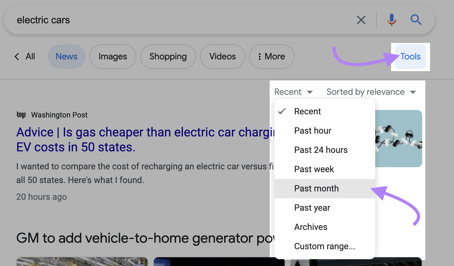 in &ldquo;Tools&rdquo;&nbsp;option in Google SERP filter the results for the past month