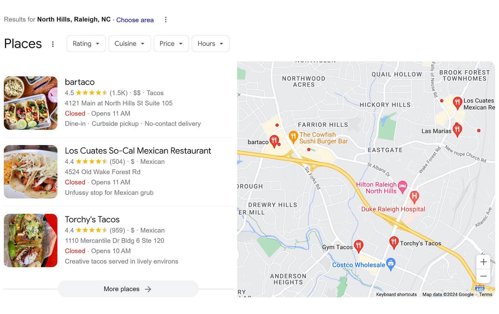Google&rsquo;s local pack result for &ldquo;tacos in north hills raleigh&rdquo;