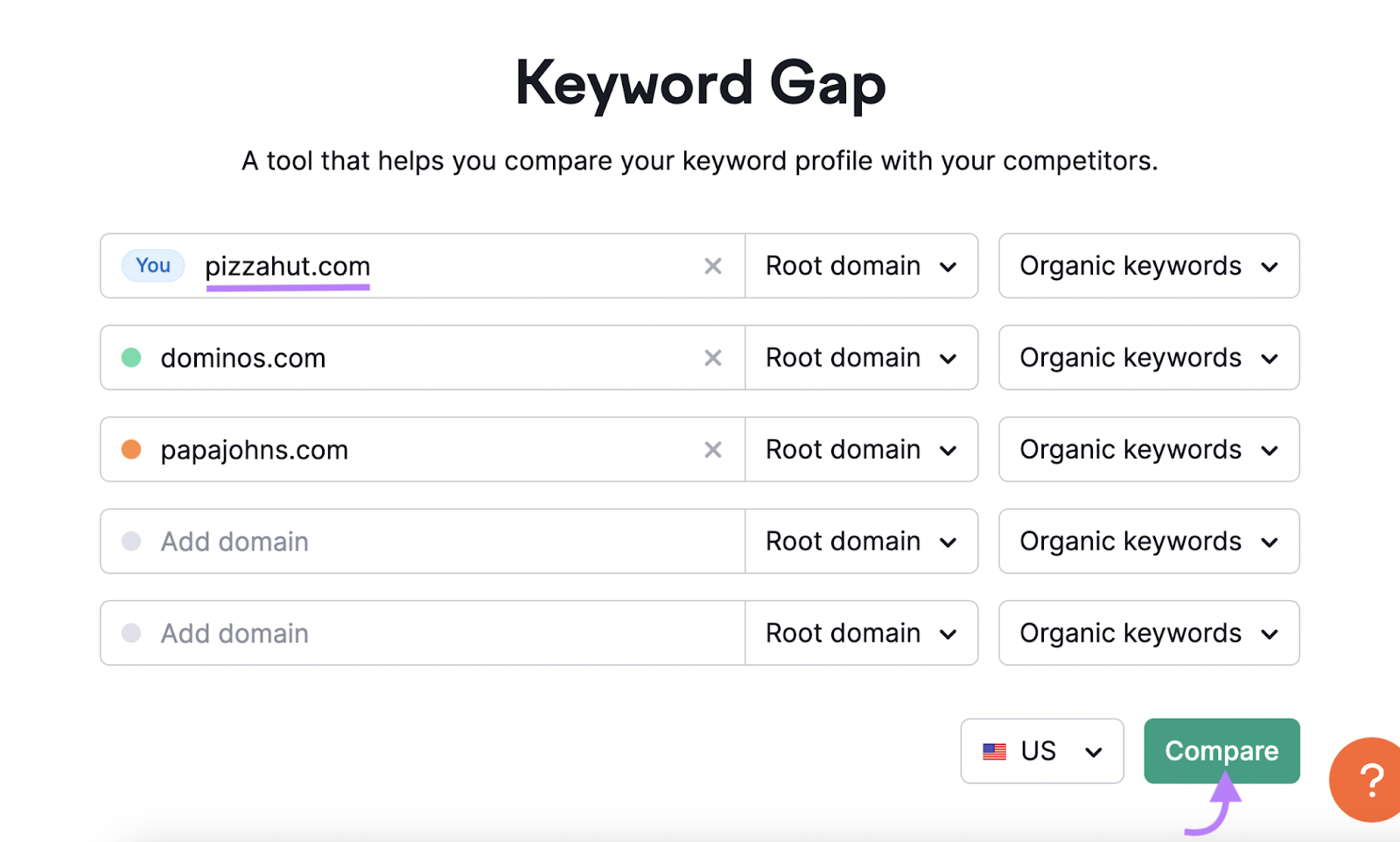 enter your own and competitors&rsquo; domains to Keyword Gap tool
