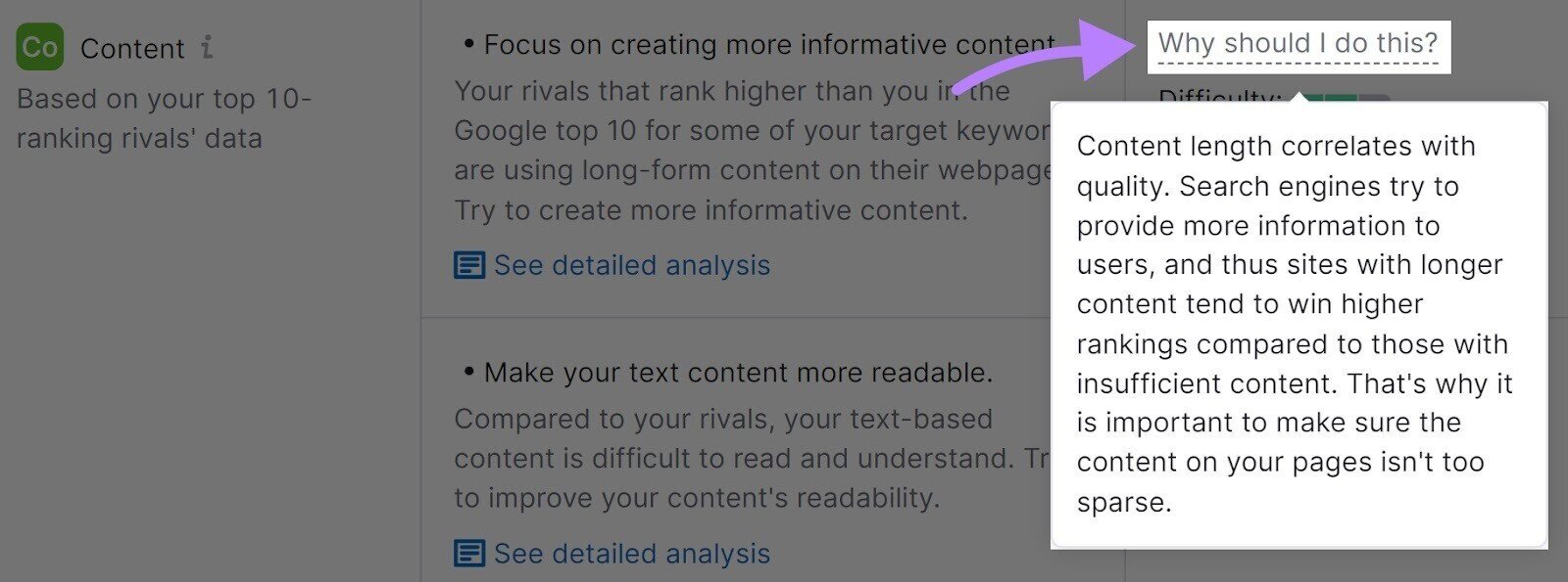 &ldquo;Why should I do this?&rdquo; section helps you understand more about each idea suggestion