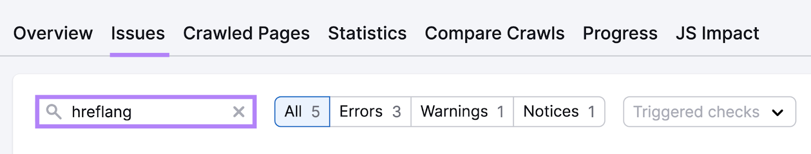 &ldquo;hreflang" entered in the search bar under "Issues" report