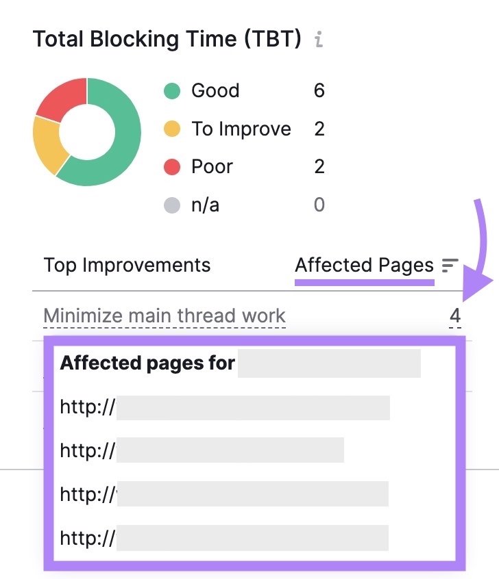 Clicking on the number under the &ldquo;Affected Pages&rdquo; column for a full list of pages with the "Main thread work" issues.