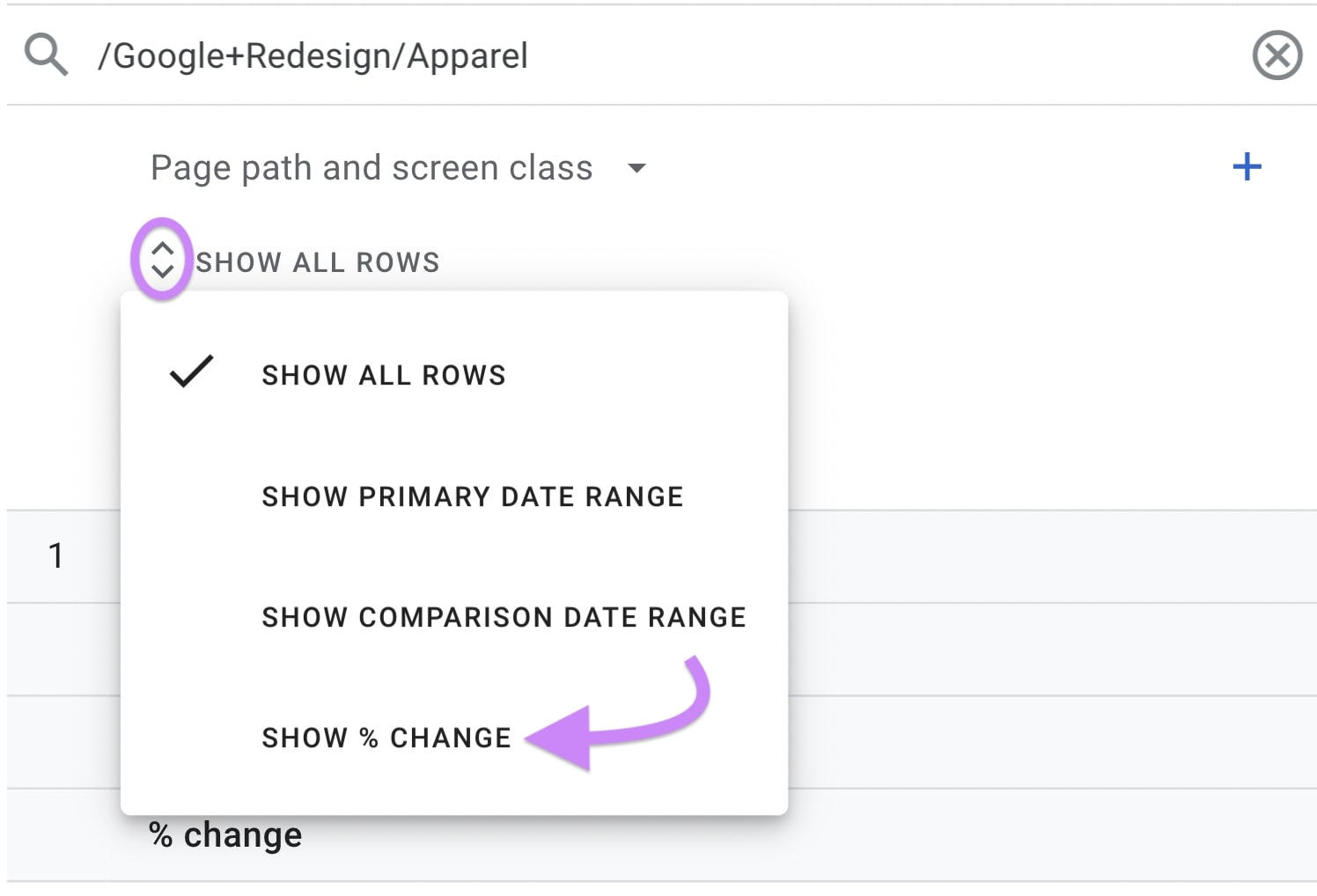 &ldquo;Show % Change" option selected under &ldquo;Show All Rows&rdquo; drop-down menu