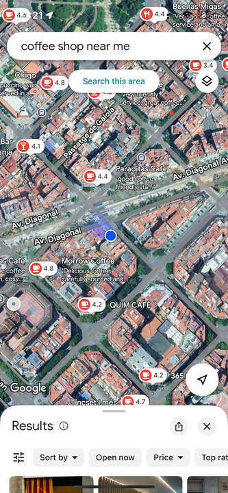 Google Maps results for a &ldquo;coffee shop near me.&rdquo;