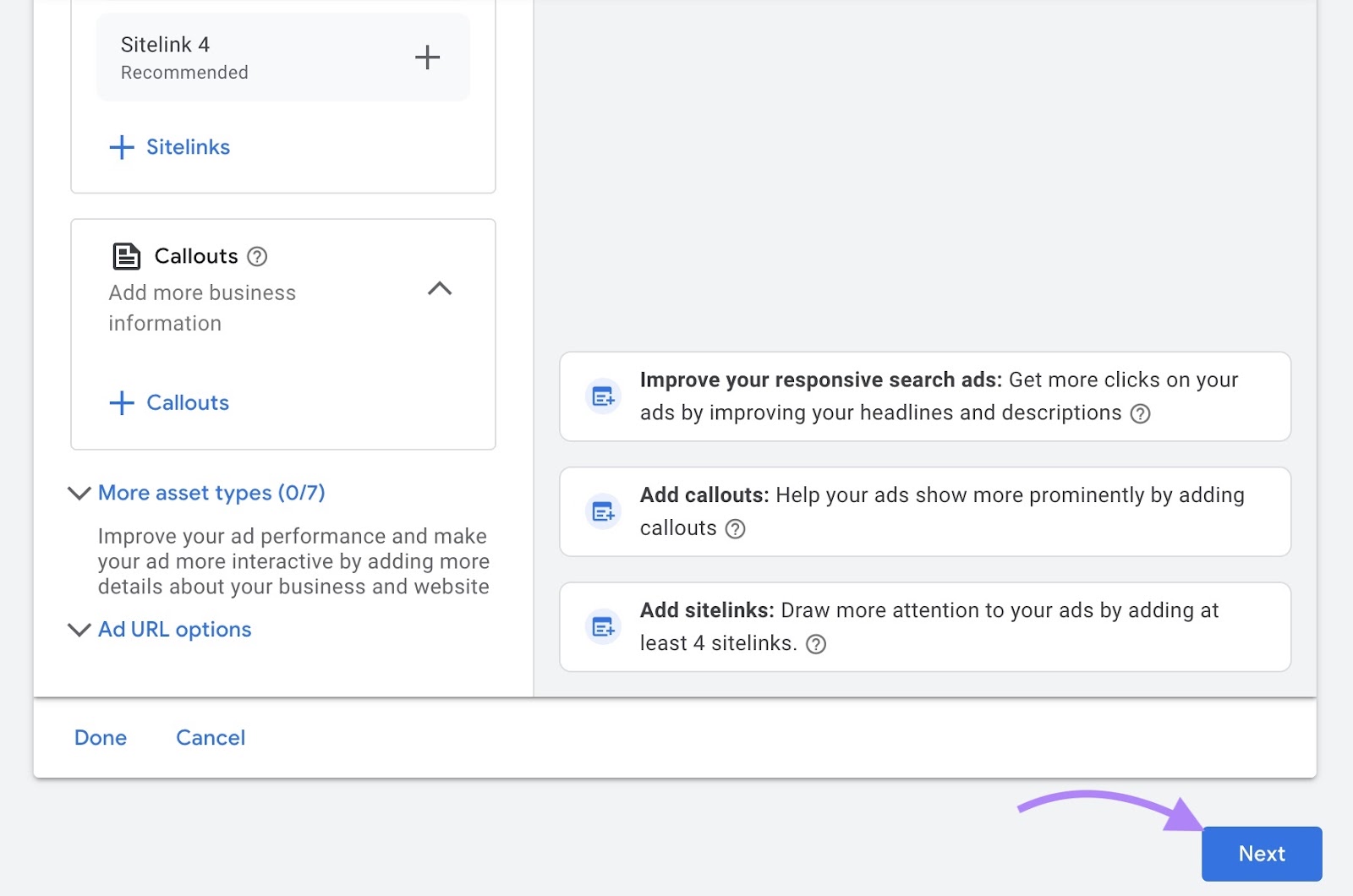 Keywords and ads page with the &ldquo;Next&rdquo; button at the bottom of the page clicked.