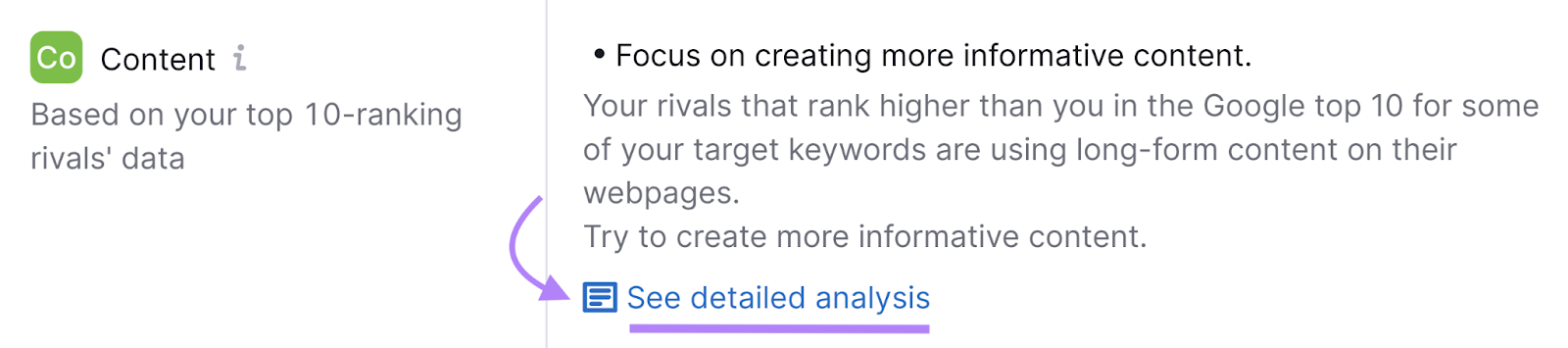 &ldquo;See detailed analysis&rdquo; link button in On Page SEO Checker