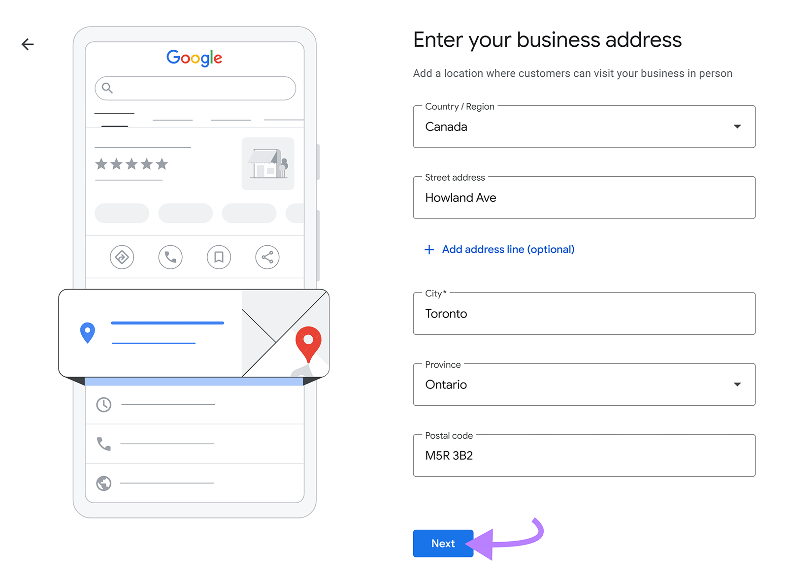 Business setup screen with address fields filled in and arrow pointing to &ldquo;Next.&rdquo;