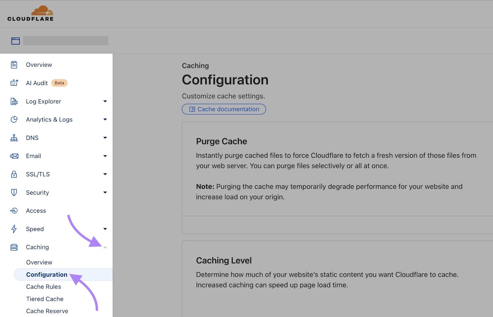 Cloudfare dashboard with "Configuration" selected from the "Caching" submenu.