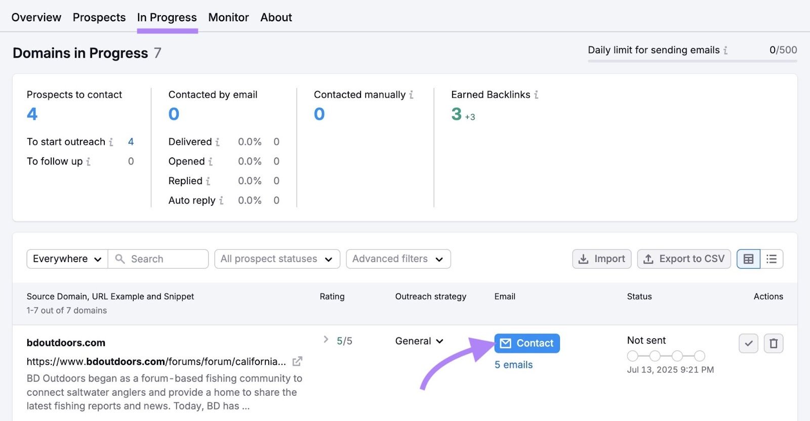 &ldquo;In Progress&rdquo; tab on the Link Building Tool with "Contact" next a prospect clicked.