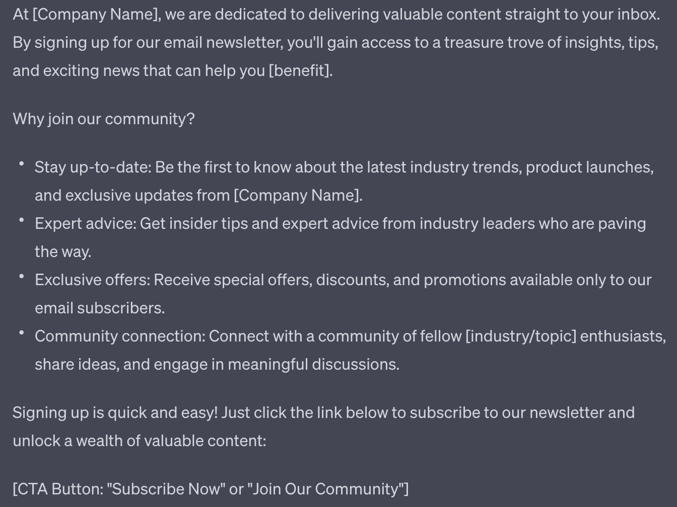 ChatGPT's response to &ldquo;Create a cold email template asking for signups to our email newsletter and optimize it for conversions&rdquo; prompt