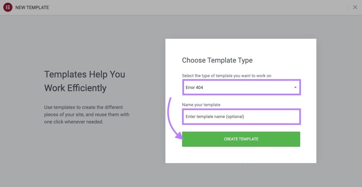 Elementor Pro template creation screen showing the option to create a custom 404 page.