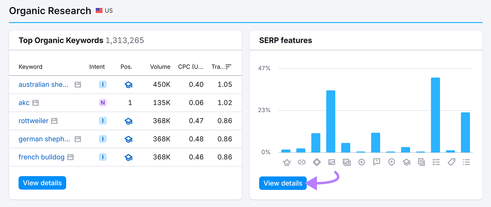 Semrush Organic Rankings showing top keywords and SERP features chart with &ldquo;View details&rdquo; highlighted.