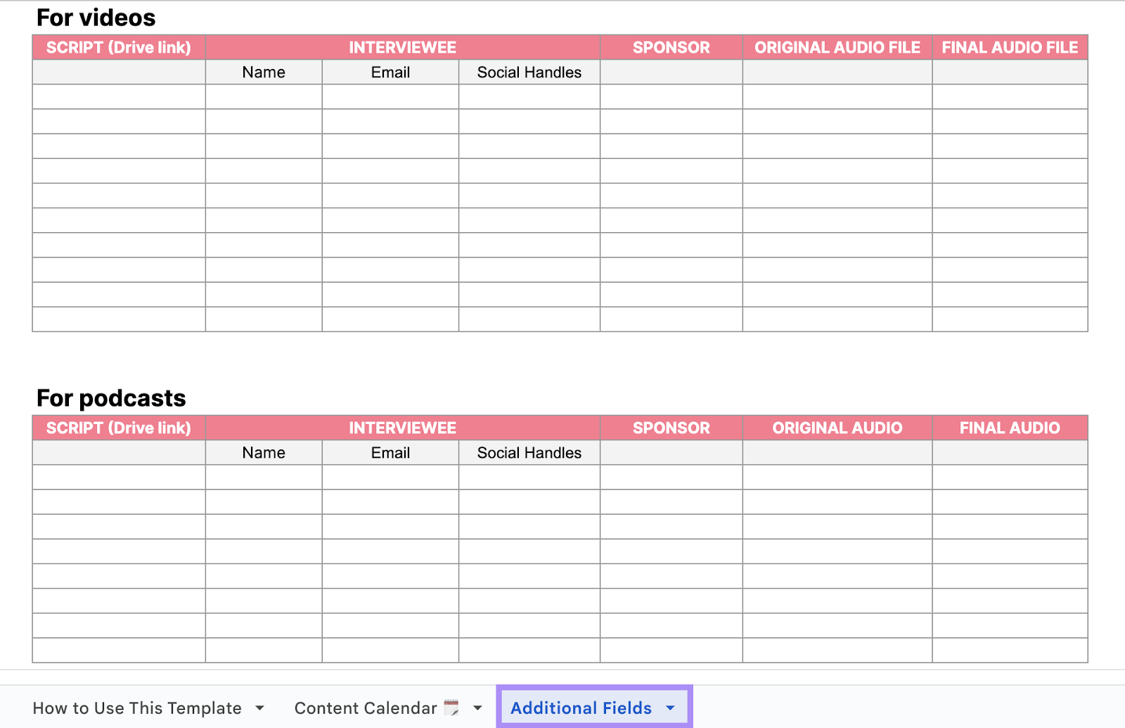 &ldquo;Additional Fields&rdquo; tab in Google Sheets template
